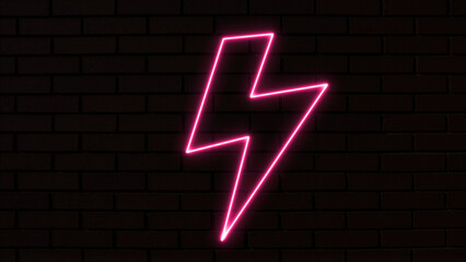 Neon lightning bolt, glowing sign. Purple neon sign of lightning signboard on the black background....