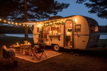 Motorhome with lighting decoration at night