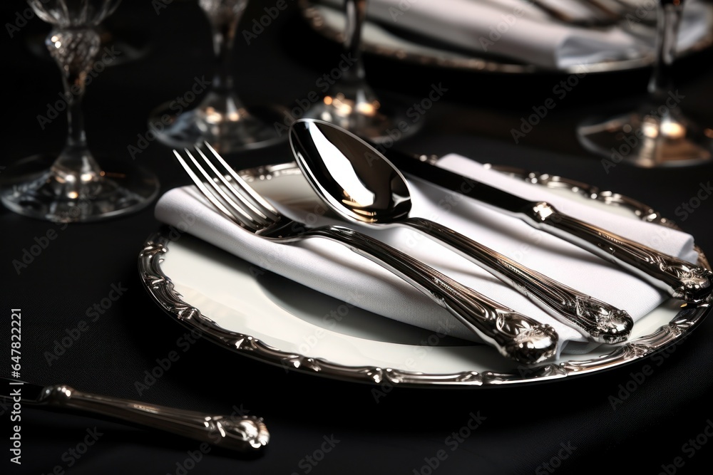 Poster a plate with silverware and utensils on it. perfect for showcasing a elegant dining experience.