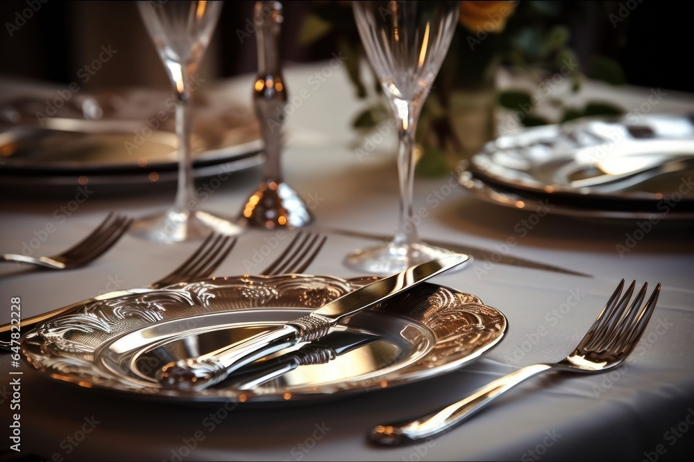 Poster a silver plate with silverware set on a table. perfect for showcasing elegant dining settings.