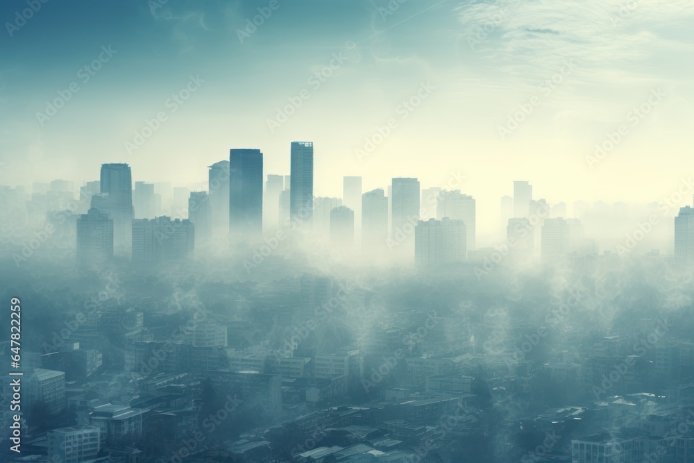 Poster a view of a city surrounded by a thick layer of fog. this image captures the mysterious and atmosphe