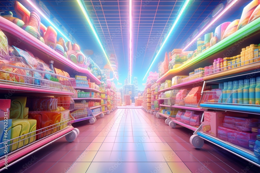 Poster a bustling supermarket aisle showcasing a wide array of different types of goods. perfect for illust