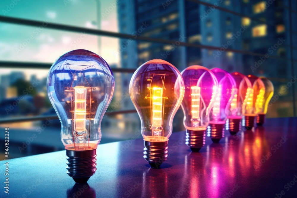 Aufkleber A row of light bulbs sitting on top of a table. Can be used to illustrate concepts such as creativity, innovation, and bright ideas.