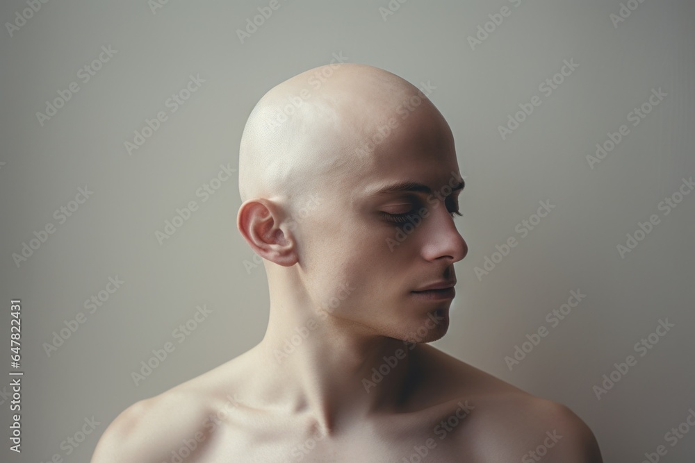Poster a picture of a man with a bald head and no shirt. this image can be used to represent masculinity, c