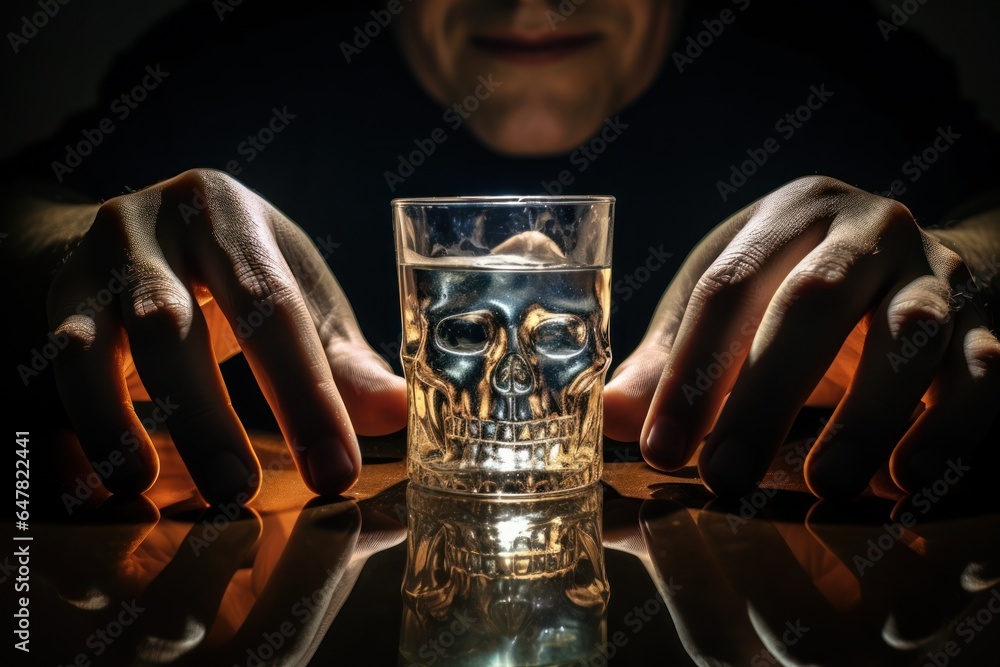 Aufkleber A person holding a glass with a skull design on it. This image can be used to add a spooky or edgy element to Halloween-themed designs or for illustrating themes of danger or darkness.