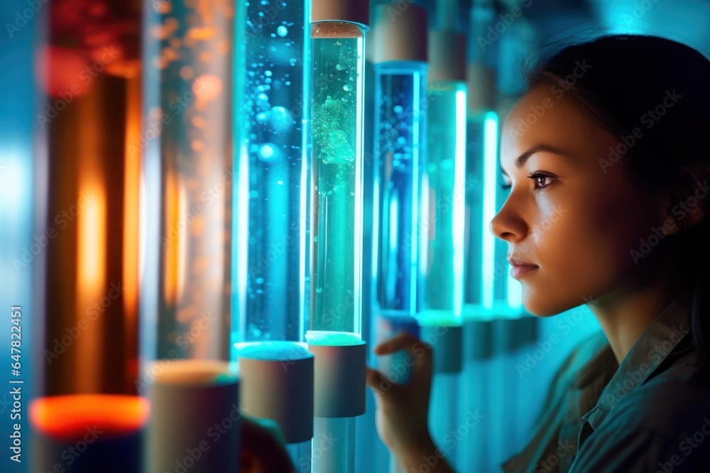Poster a woman standing in front of a row of glass tubes. this image can be used to represent science, rese
