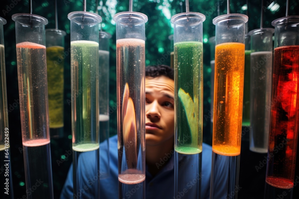 Aufkleber A man is seen examining a row of test tubes filled with various liquids. This image can be used to illustrate scientific research, laboratory experiments, or chemical analysis.