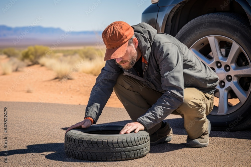 Poster a man is seen bending over a tire on the side of the road. this image can be used to depict car trou