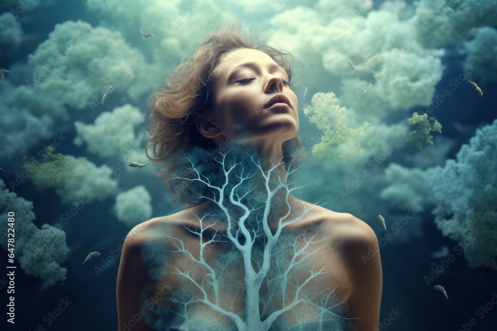 Poster a visually striking image of a woman with a tree growing out of her chest. this intriguing photo can