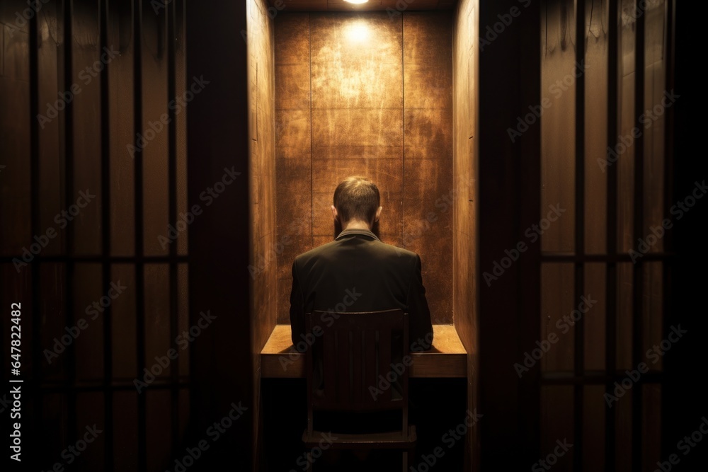 Poster a man is seen sitting at a desk inside a jail cell. this image can be used to depict the concept of 
