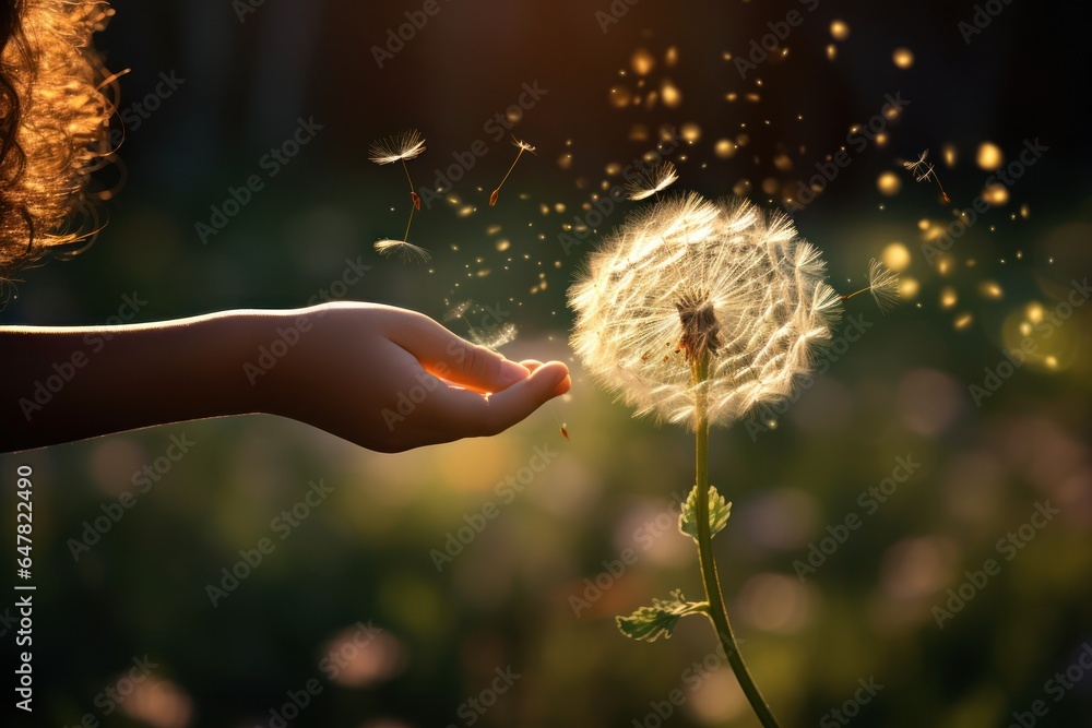 Poster a person holding a dandelion in their hand. this image can be used to represent hope, wishes, nature