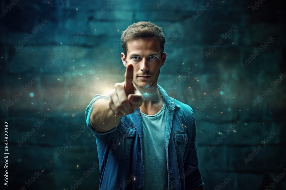 Poster A man in a blue shirt is pointing directly at the camera. This image can be used to convey a message, create engagement, or add a personal touch to various projects.