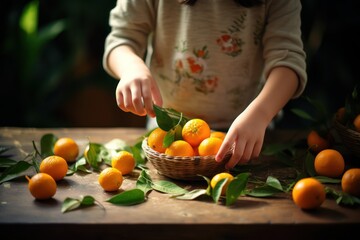 A woman picking oranges from a basket. This image can be used to depict fruit picking, healthy eating, or agriculture.