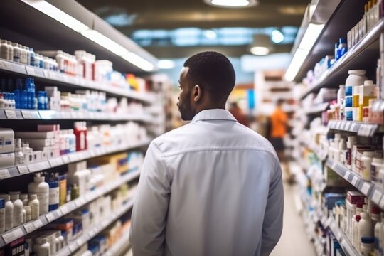 A man is seen standing in a store aisle, carefully examining the various products on display. This image can be used to depict shopping, consumerism, retail, or decision-making processes.