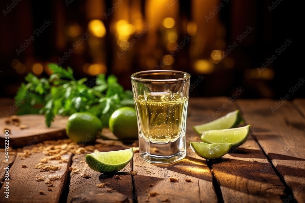 Poster a refreshing shot of lime juice and lime slices arranged on a rustic wooden table. perfect for summe