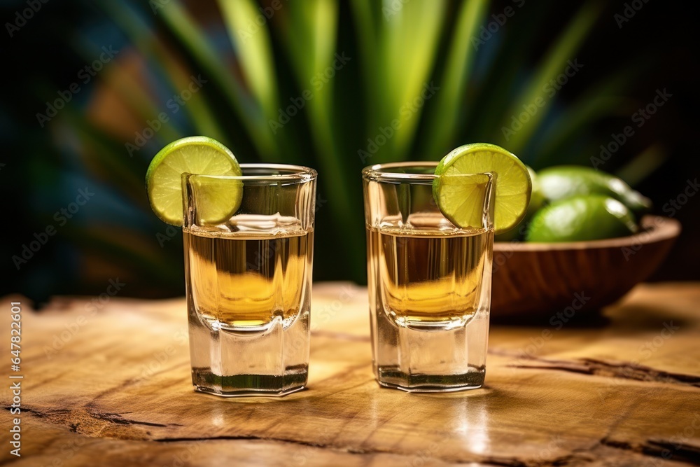 Poster A simple yet refreshing image of two glasses of alcohol with lime slices on a table. Perfect for illustrating a summer cocktail party or a relaxing evening with friends.