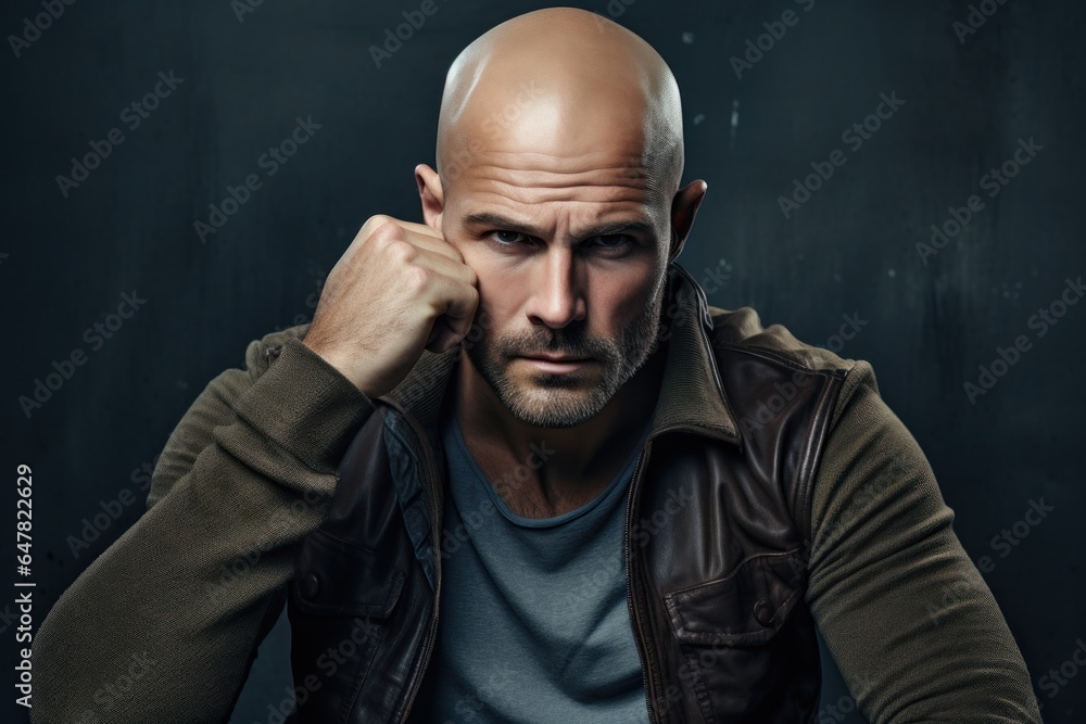 Poster a bald man wearing a brown leather jacket. this versatile image can be used to depict various themes