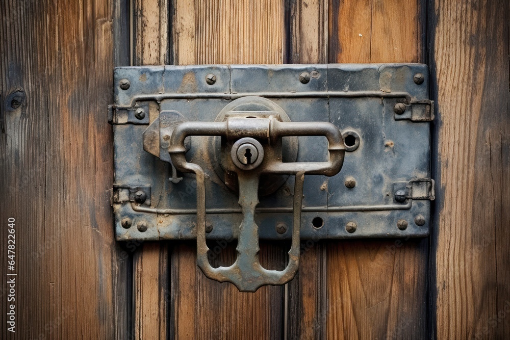 Poster A detailed view of a metal latch on a wooden door. This image can be used to showcase the craftsmanship of the latch or to symbolize security and protection.