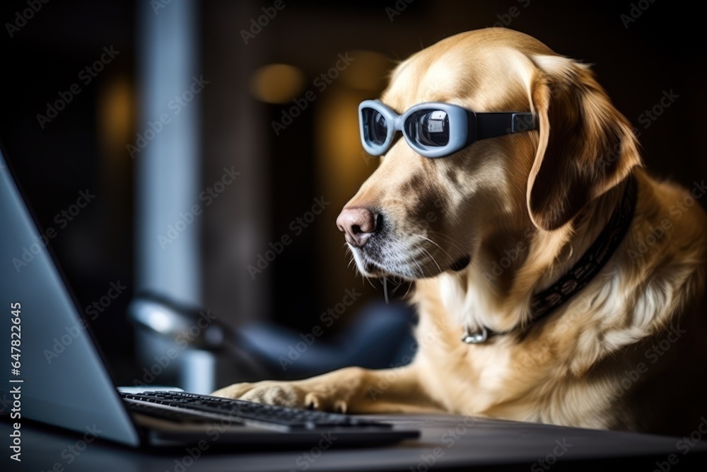 Poster A dog wearing glasses sits attentively in front of a laptop computer. This image can be used to depict a smart and tech-savvy pet or to represent a concept of working or studying from home with a furr