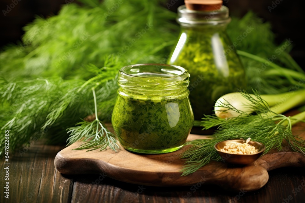 Aufkleber a jar of pickled cucumber sits on a cutting board. this image can be used to showcase homemade pickl