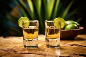 A simple yet refreshing image of two glasses of alcohol with lime slices on a table. Perfect for illustrating a summer cocktail party or a relaxing evening with friends.