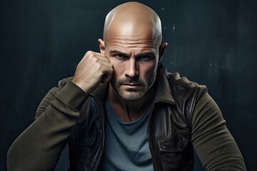 A bald man wearing a brown leather jacket. This versatile image can be used to depict various themes such as fashion, style, masculinity, or even a tough and rugged look.