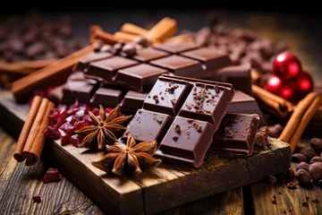 Fotobehang A wooden cutting board with various pieces of delectable chocolate. Perfect for food blogs, recipes, or confectionery-themed designs. © Fotograf
