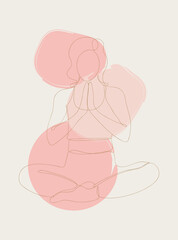 Minimalist poster of yoga. Continuous Line art poster, yoga pose, woman doing yoga on colored spots. Boho continuous line yoga exercise art print.
