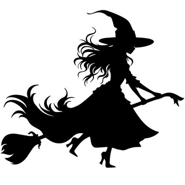 recommend clip art: Flying Witch woman on broomstick. Black silhouette. Halloween character