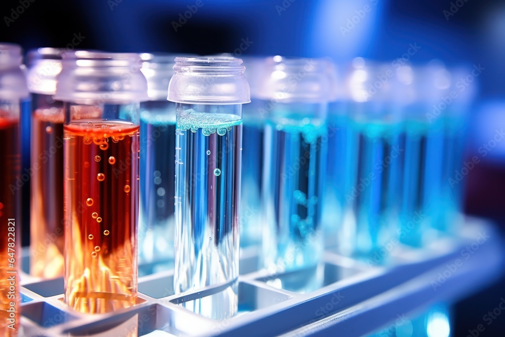 Aufkleber A row of test tubes filled with various liquids. This versatile image can be used to illustrate scientific experiments, medical research, or chemical analysis.