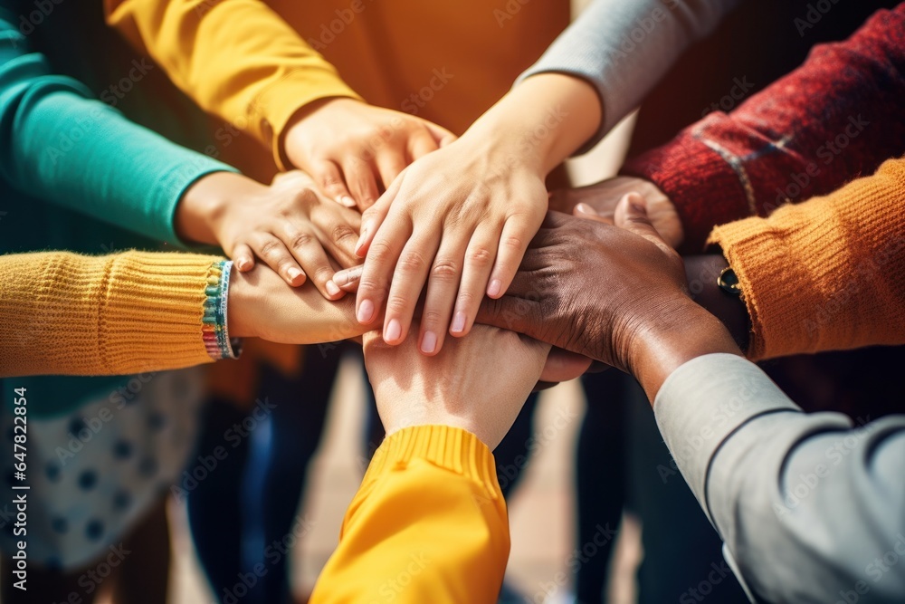 Poster A group of people joining their hands together in unity and support. This image can be used to represent teamwork, cooperation, friendship, or community engagement.