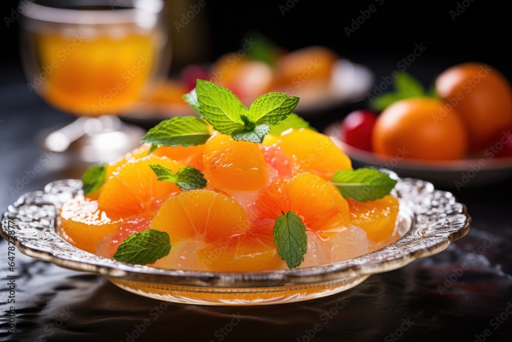Poster A plate of fresh oranges and mint leaves on a table. Perfect for adding a pop of color and freshness to any kitchen or dining room.