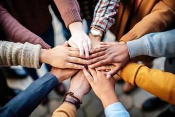 A group of people are shown putting their hands together in unity. This image can be used to represent teamwork, collaboration, or support. - obrazy, fototapety, plakaty