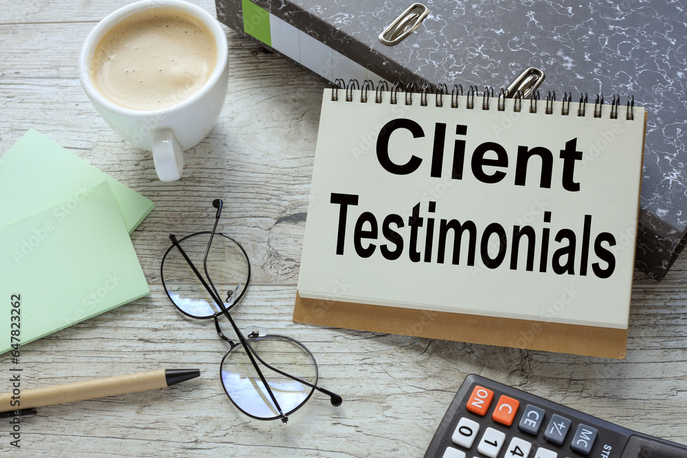 Poster client testimonials open notepad with text on document folder