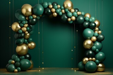 Balloon arch of dark green and gold on green background. Generative AI - obrazy, fototapety, plakaty