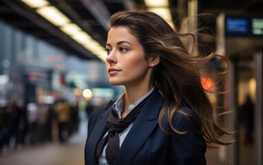 Obraz premium Beautiful young business woman standing in subway with the back looking over the shoulder. Generative AI