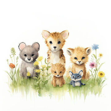 Watercolor Illustration of Baby Wild Animals in a Flower Meadow