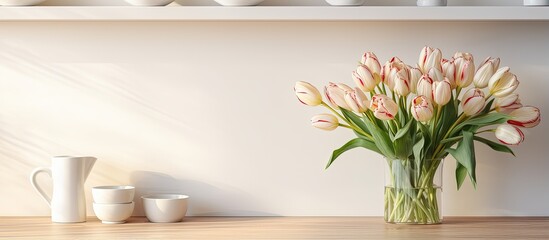 Modern Scandinavian u shaped kitchen with open shelves displaying plants and jars featuring a tulips bouquet on a wooden countertop