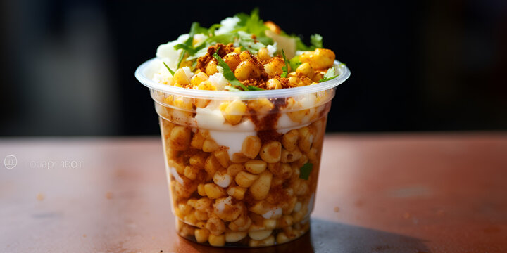 Mexican corn esquites salad in a plastic cup on white background, Mexican traditional street food