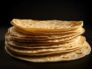 Mexican corn tortilla stack isolated on black background