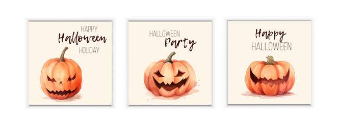Happy Halloween party posters set with night clouds and pumpkins in paper cut style. Vector illustration. Full moon, witch cauldron. Place for text. Brochure background
