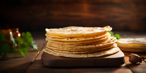 Mexican corn tortilla stack isolated on wooden table, blurred background