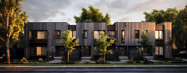 Fototapeta premium Modern modular private black townhomes. Exterior of residential architecture. 