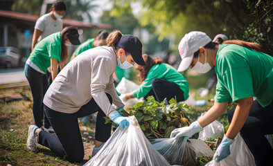A team of young and versatile volunteer laborers do charitable social work outdoors as part of a litter picking project. 