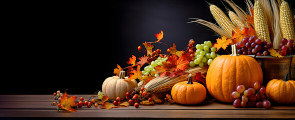 Autumn still life with pumpkins, corn and grapes on Thanksgiving with copy space. 