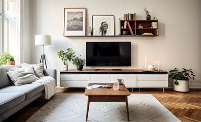 TV cabinet in the living room with Scandinavian decor. - obrazy, fototapety, plakaty