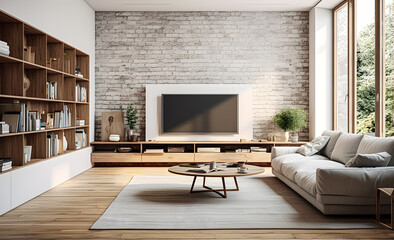 TV cabinet in the living room with Scandinavian decor. - obrazy, fototapety, plakaty