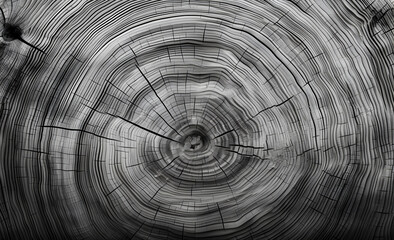 Warm gray texture of a cut tree. Detailed black and white texture of a cut tree trunk or stump. Rough organic wood rings with close-up of end grain. 