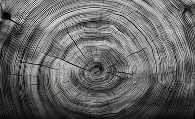 Obraz premium Warm gray texture of a cut tree. Detailed black and white texture of a cut tree trunk or stump. Rough organic wood rings with close-up of end grain. 