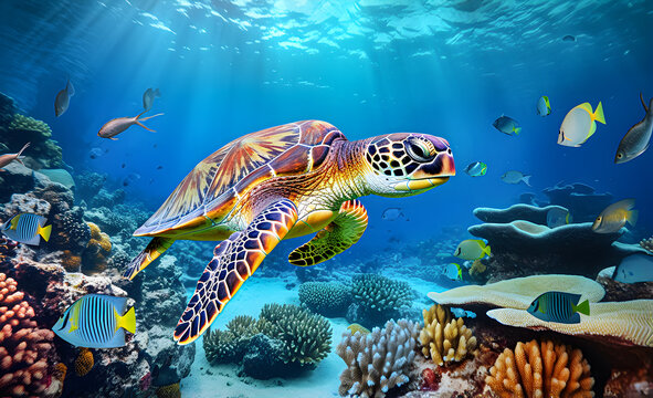 A turtle with a group of colorful fish and marine animals with colorful corals underwater in the ocean. 